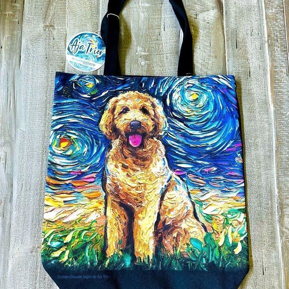 Goldendoodle Dog Starry Night Van Gogh Canvas Tote Bag - Picture 1 of 4